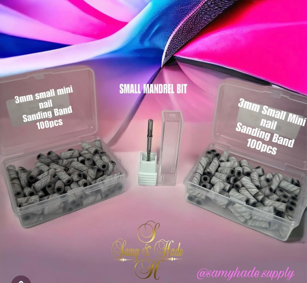 Set  SMALL MANDREL BIT + #120  +#180 small mini nail
Sanding Band
100pcs cada una